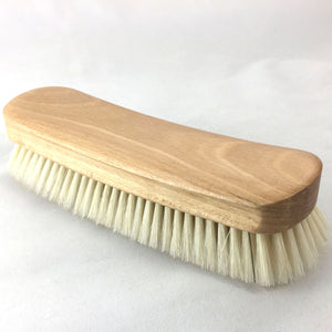 Showing top and side of horsehair and oak clothing and shoe brush. Best use for lint, pet hair and buffing shoes.