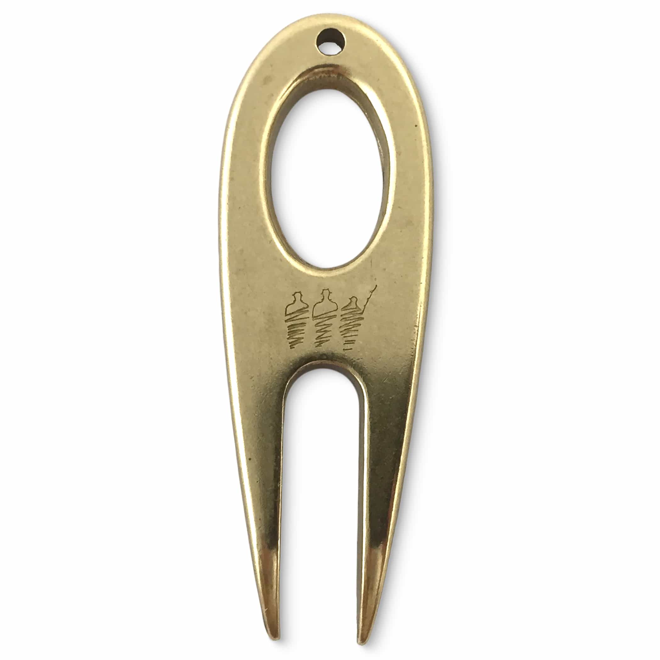 Golf divot tool solid brass shown vertical from overhead.
