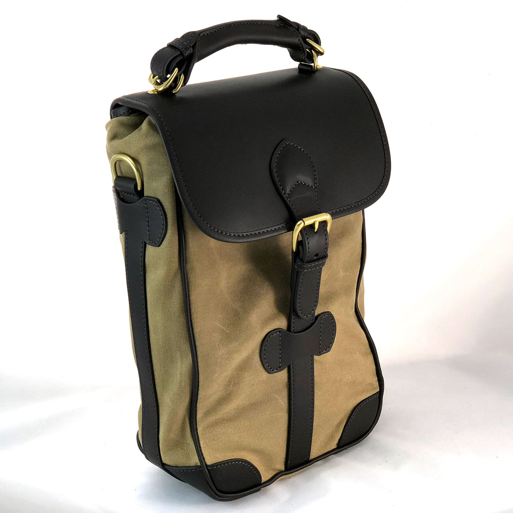 Wine Bottle Carrier Tan wax cotton with Stout Leather Front