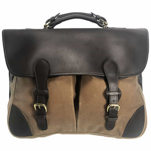 Front  view of Anglers Bag classic cross body messenger tan wax cotton with dark brown stout leather