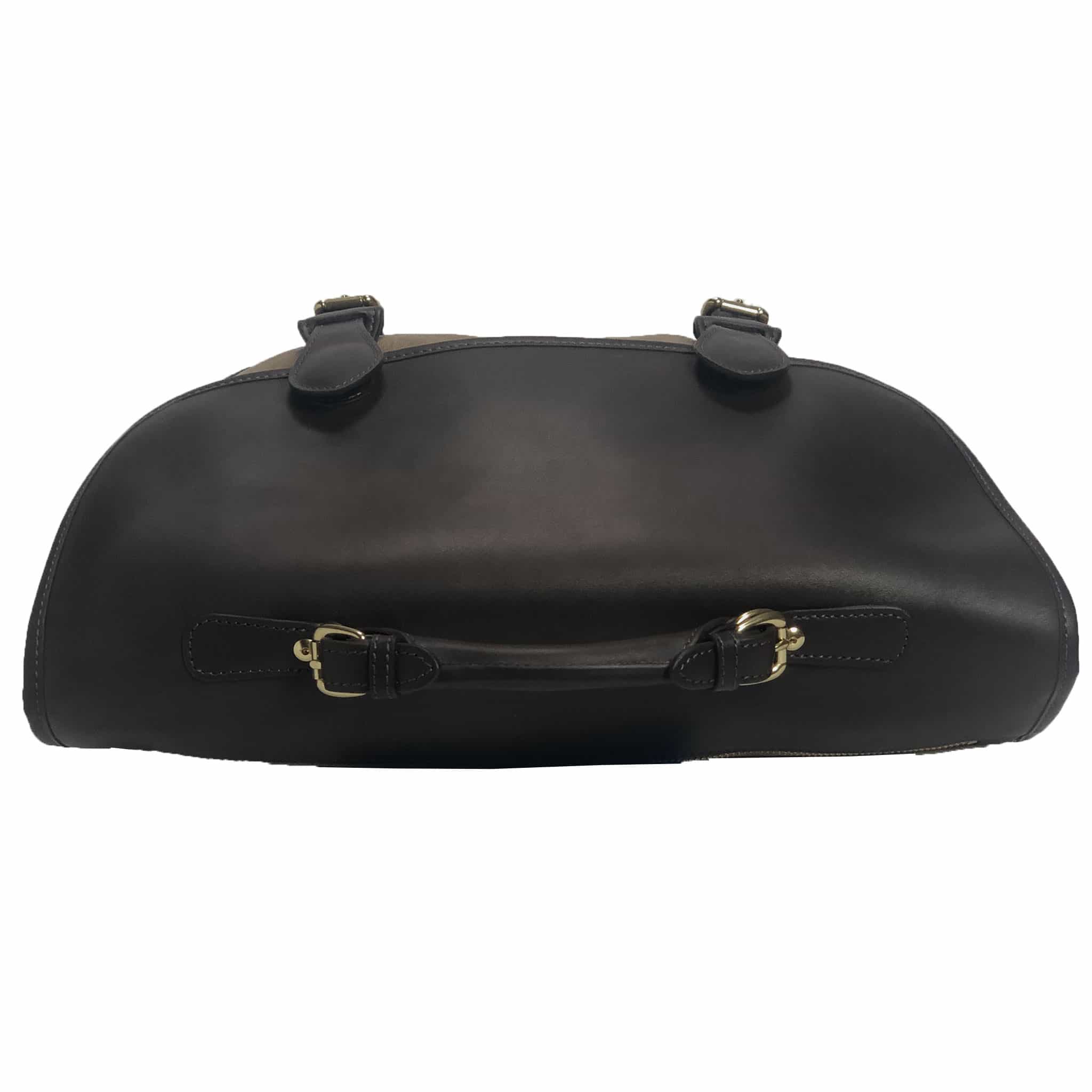 Top view of Anglers Bag classic cross body messenger tan wax cotton with dark brown stout leather