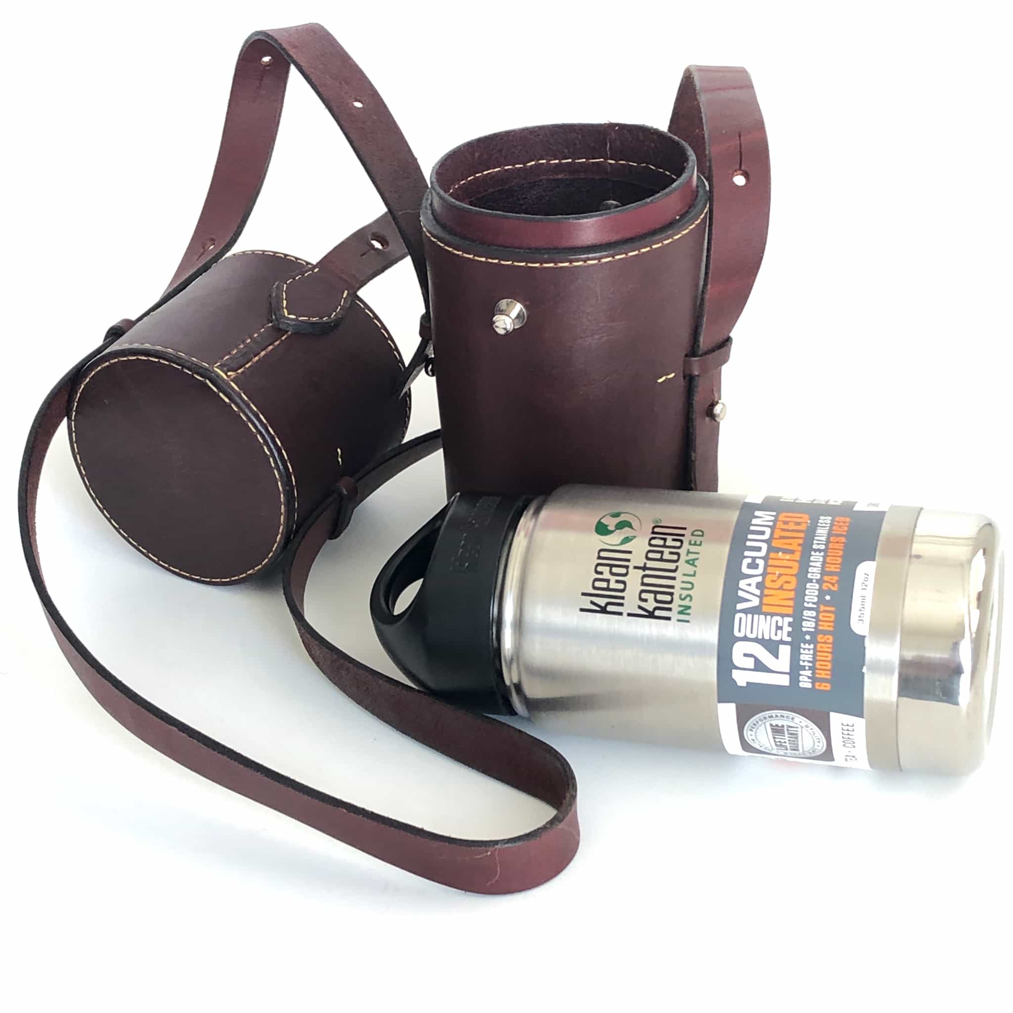 Burgundy latigo leather thermos case with 12 ounce thermos case open from the front with thermos on side