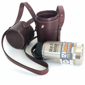Burgundy latigo leather thermos case with 12 ounce thermos case open from the front with thermos on side